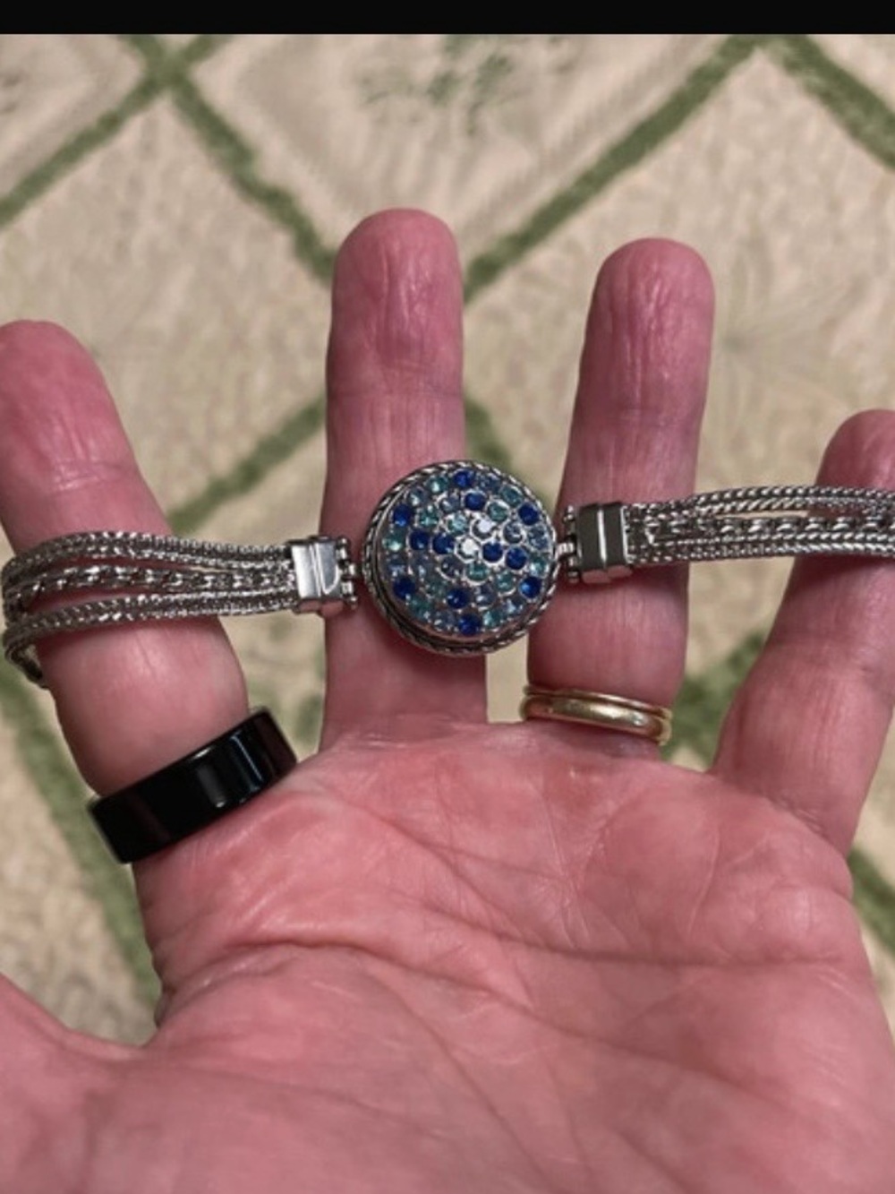Silver-Tone Bracelet with Blue Crystal Dome Accent